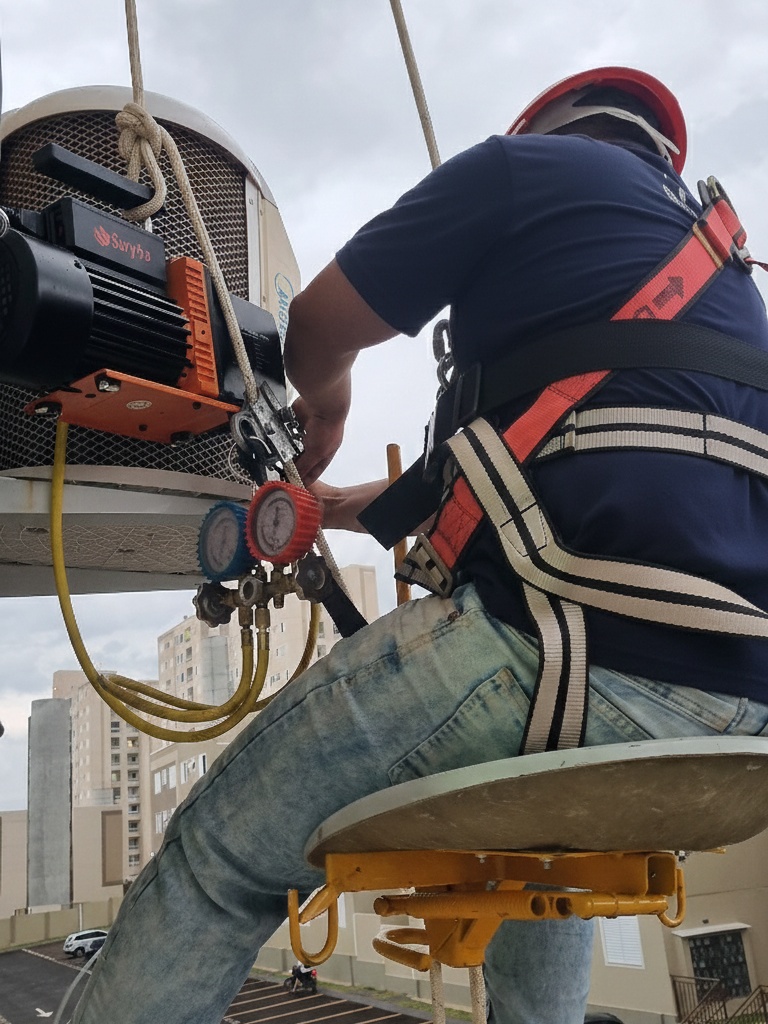 Técnico da Climatiz verificando condensadora TCL no telhado